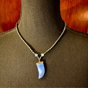 Vintage Hematite Beaded Necklace + Blue Cats Eye Claw Pendant w/ Barrel Clasp 🩵
